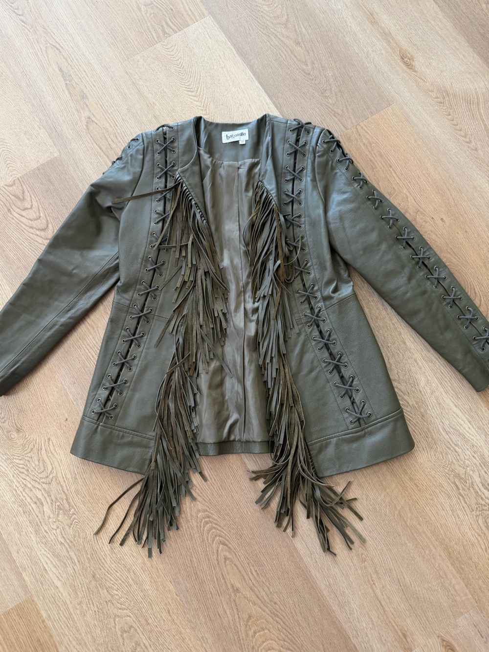 Vintage Bagatelle Leather Jacket Olive Green Fringe Medium